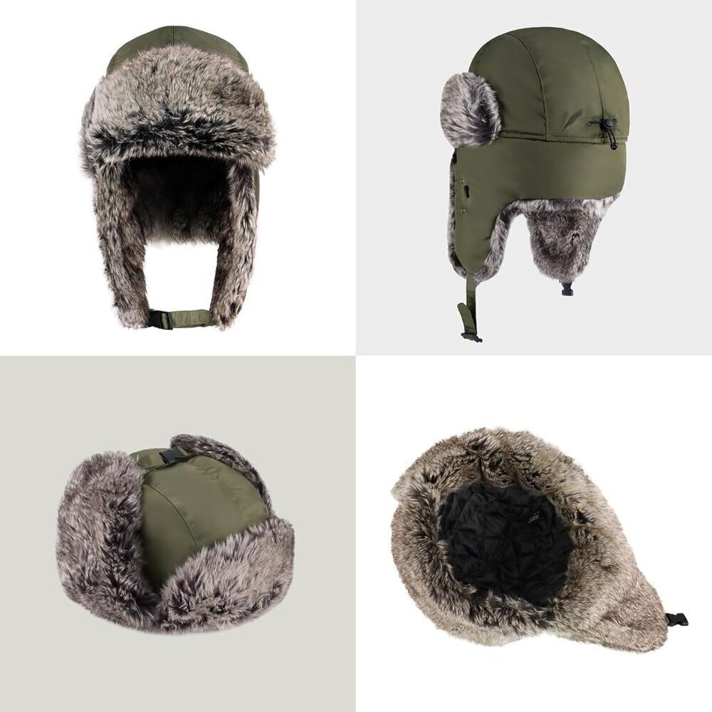 🆕Unisex Army Green Waterproof Winter Warm Premium Strength Ear Flap Strap Hats - Picture 2 of 7